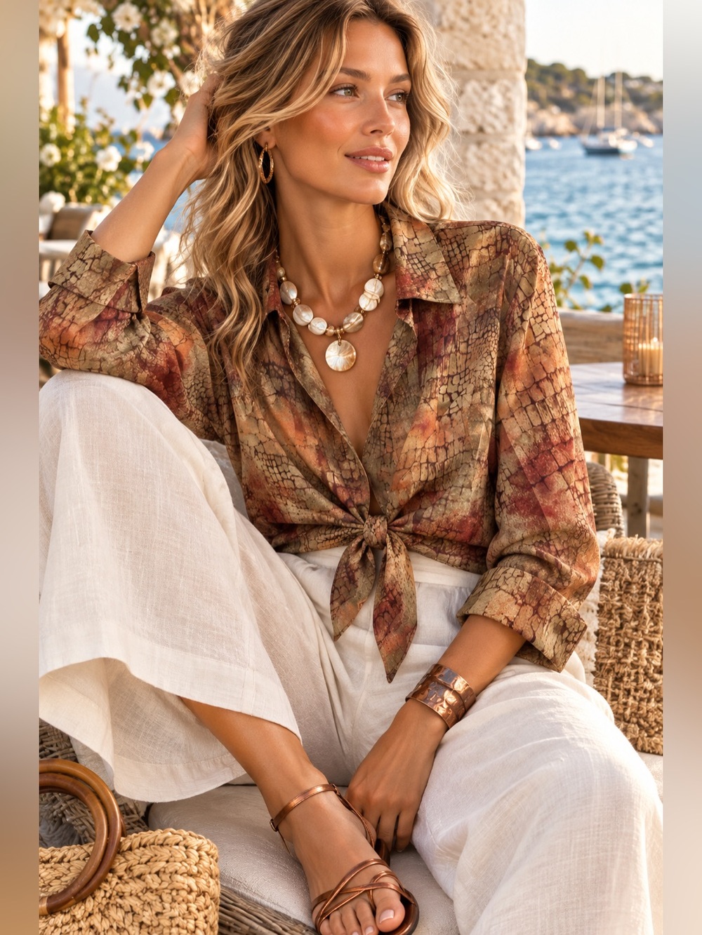 Joseph Ribkoff Brown and Rust Tie-Front Button Down Shirt
